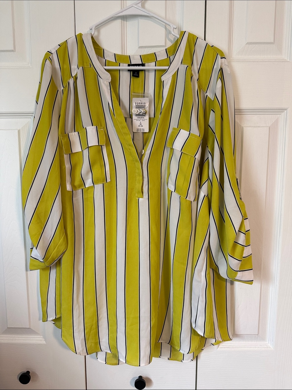 NWT Torrid 3X (22-24) Harper Yellow Black Stripe Georgette Pullover Tunic Blouse